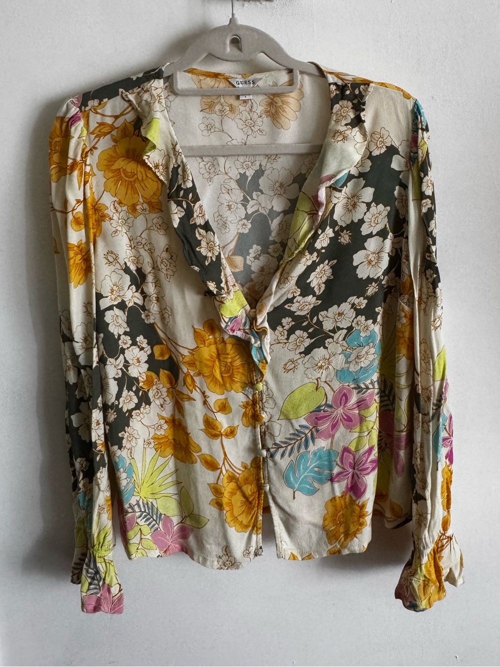 Guess Floral Button-Front Blouse in Cream, Mustard, Olive, Pink and Teal